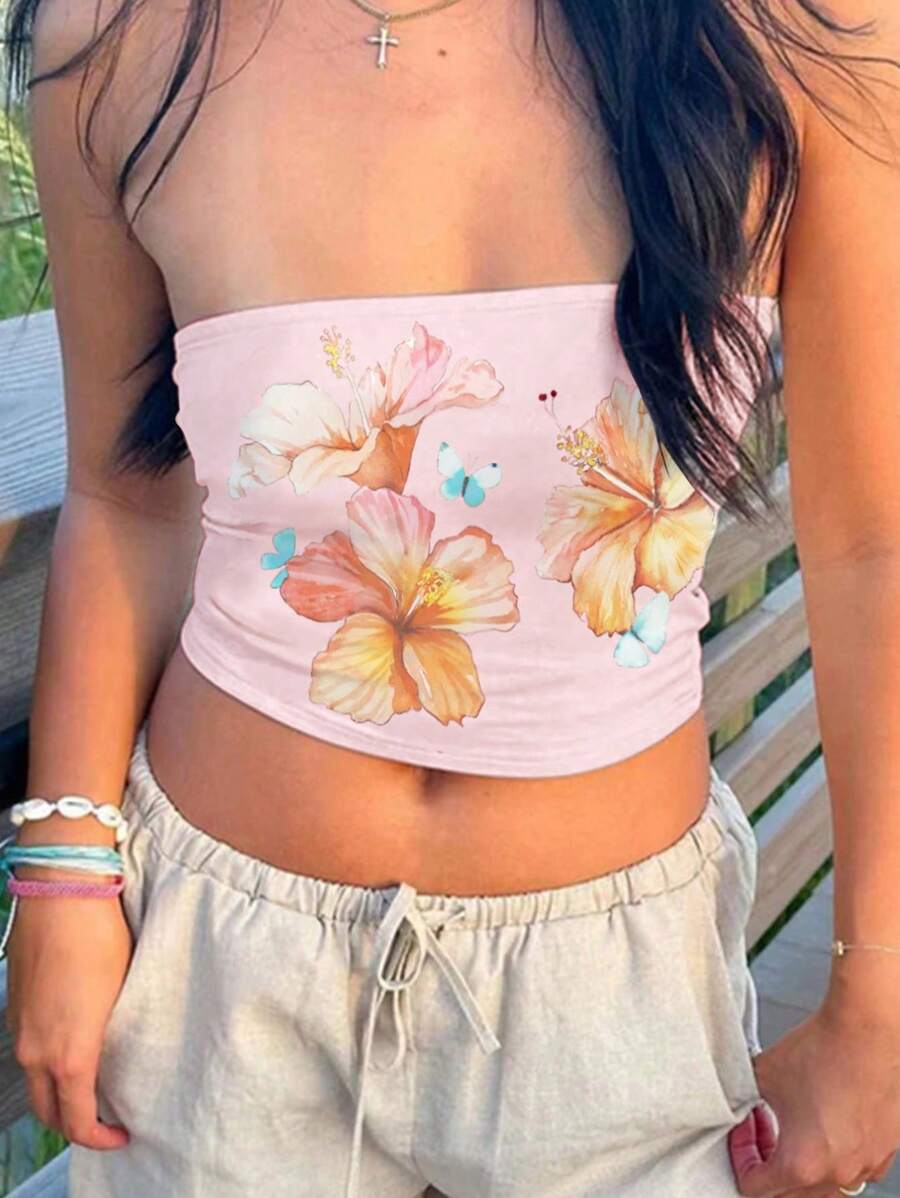 SHEIN ICON Women's Strapless Flower Allover Print Crop Top, Casual And Perfect For Vacation