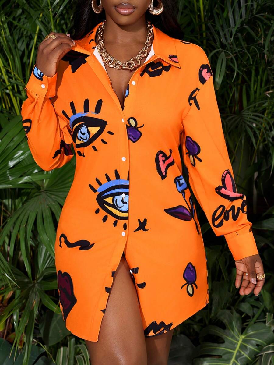 Slaydiva Street Style Vacation Summer Full Print Button Front Asymmetrical Hem Loose Shirt Dress