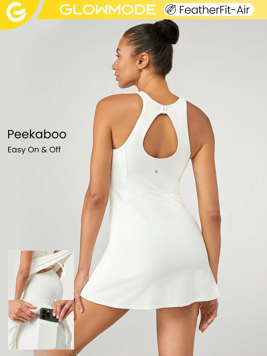 GLOWMODE FeatherFit™-Air Peekaboo Cut-Out Pocket Multifunktions-Sportkleid mit integrierter Shorts, leichter Halt, geeignet für Yoga, Alltag im Sommer