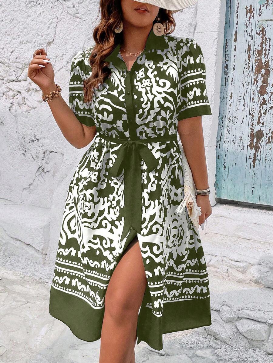 Breezaya Vestido de verano con flores, botones en la parte delantera y cinturón, en tallas grandes