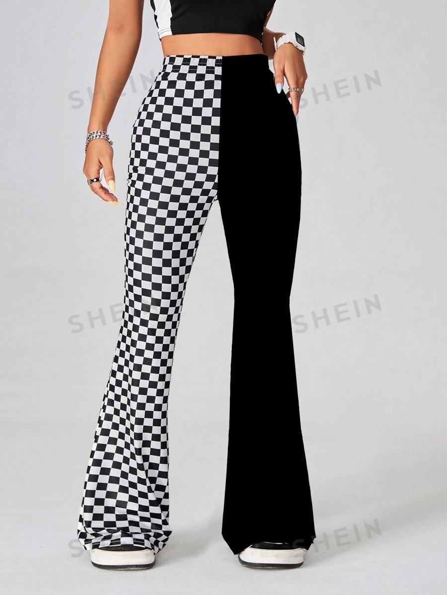 SHEIN EZwear Pantalones anchos de deporte para mujer con estilo callejero fresco, estampado de ajedrez y parches de color