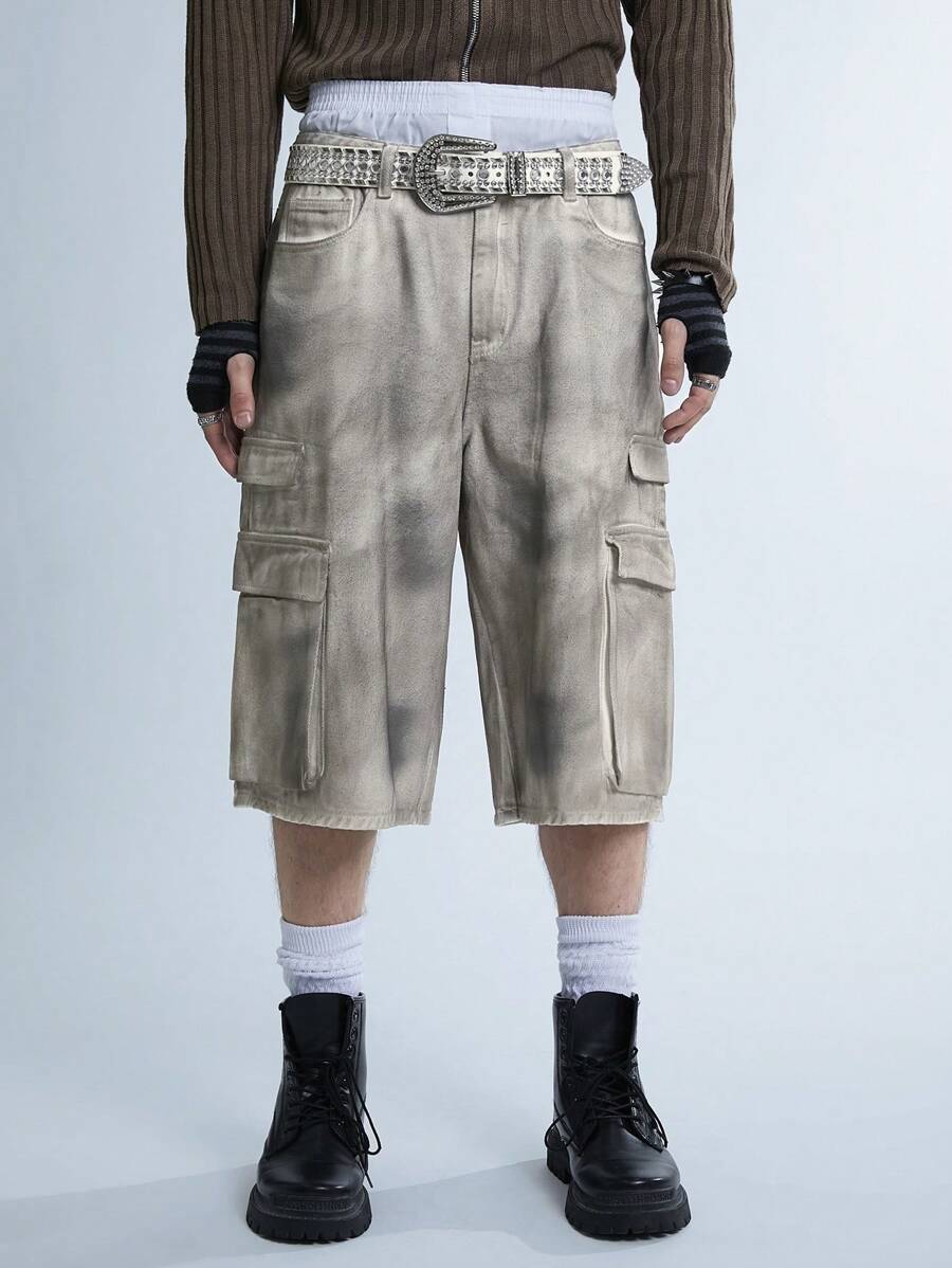 Manfinity Denimwave Y2K Retro Streetwear Men's Vintage Workwear Baggy Denim Shorts With Dirty And Worn-Out Look, JORTS