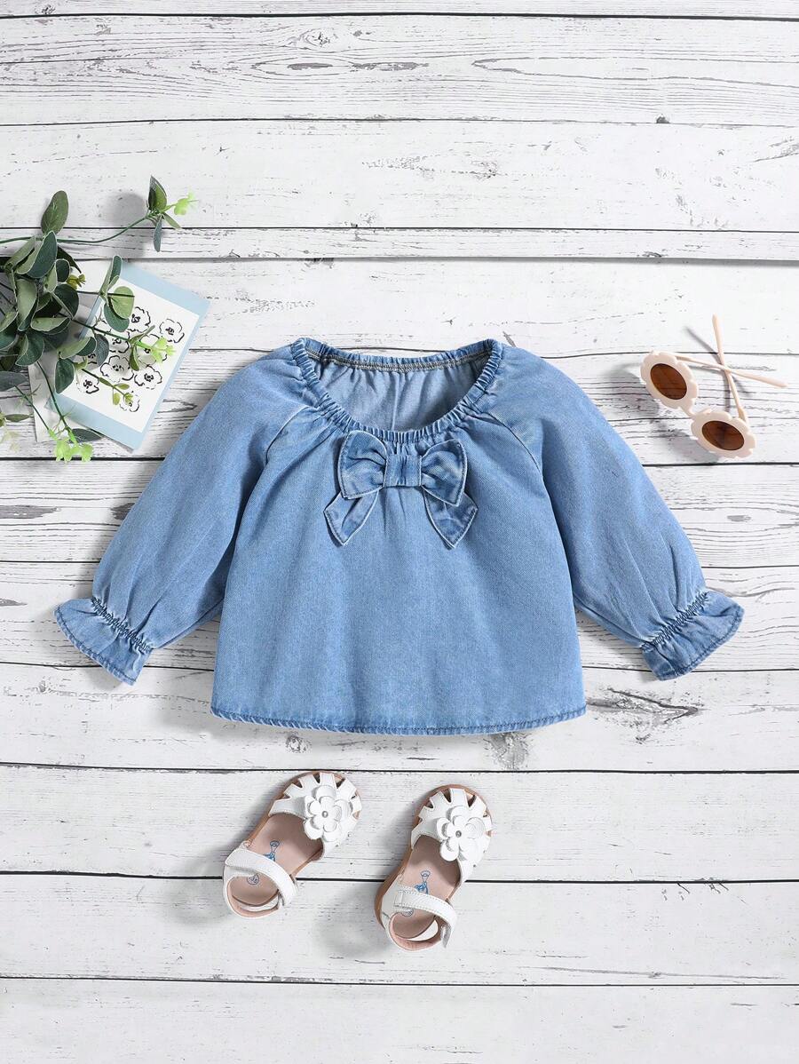SHEIN Baby Girls' Peter Pan Collar Long Sleeve Blue Denim Jacket