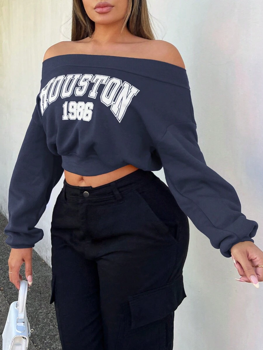 SHEIN SXY Lente off-shoulder korte damessweatshirt met letterprint