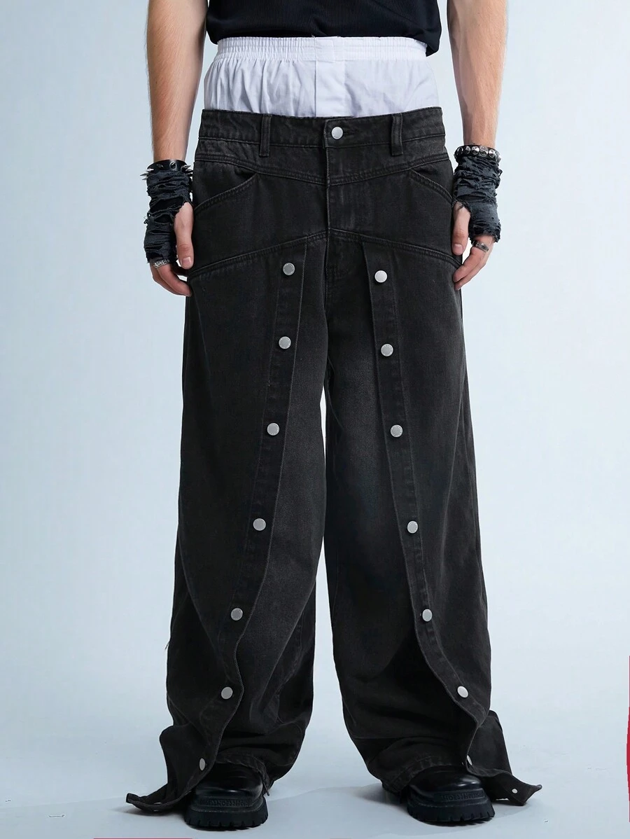 Manfinity Denimwave Jeans de mezclilla negra de pierna ancha para hombre con estilo retro callejero Y2K, diseño de parches especiales y botones, pantalones vaqueros holgados