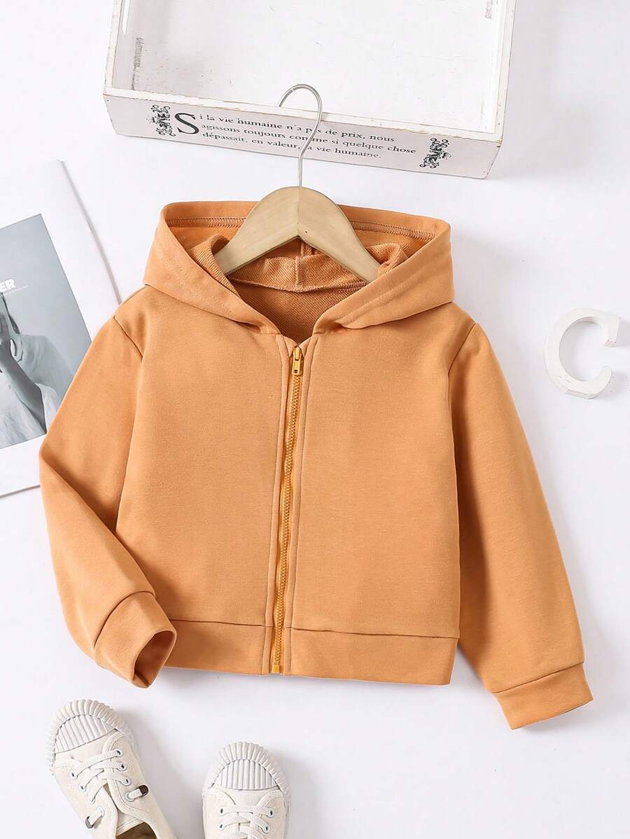 SHEIN Chaqueta informal con capucha y cierre de cremallera de unicolor para niñas pequeñas con mangas largas
