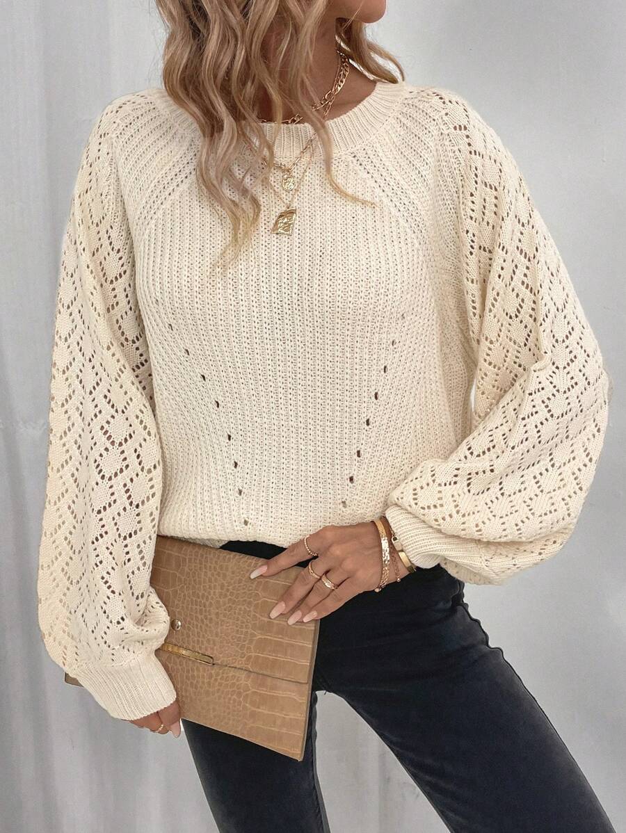 SHEIN LUNE Suéter hueco de manga raglán de punto unicolor para primavera y otoño de estilo casual