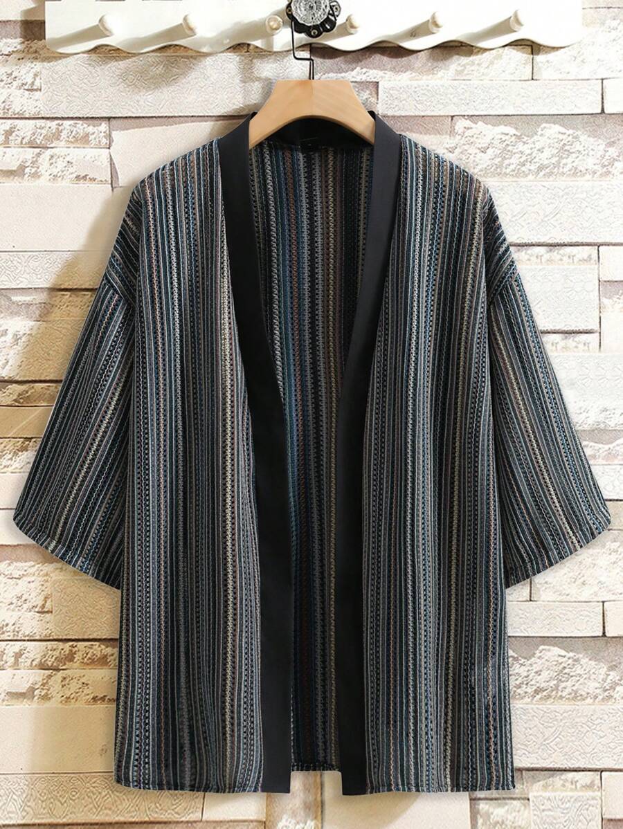 Manfinity RSRT Camisa Vintage Masculina Solta de Verão com Frente Aberta, Listras Coloridas e Mangas Caídas