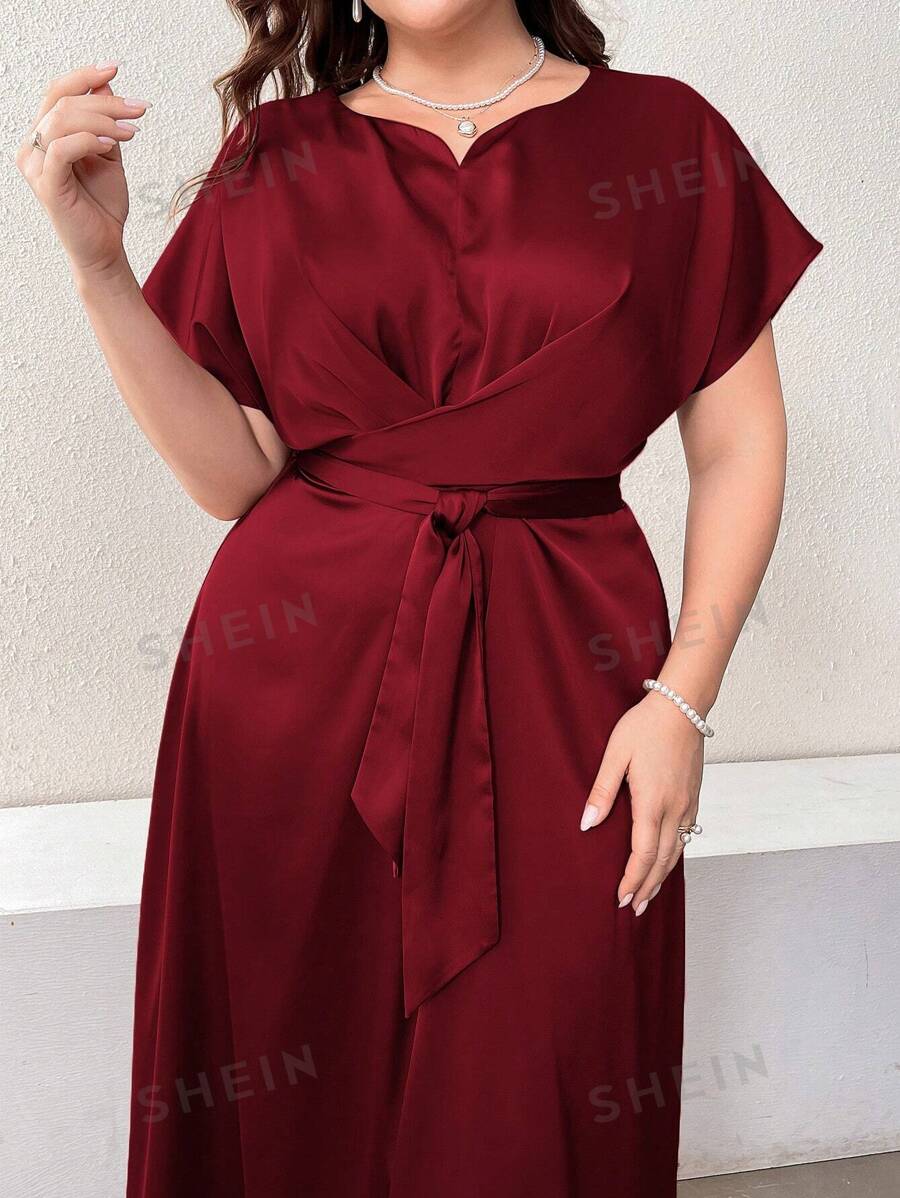 Modelyn Vestido largo de noche con cuello en pico, mangas tipo murciélago y cinturón, color rojo burdeos