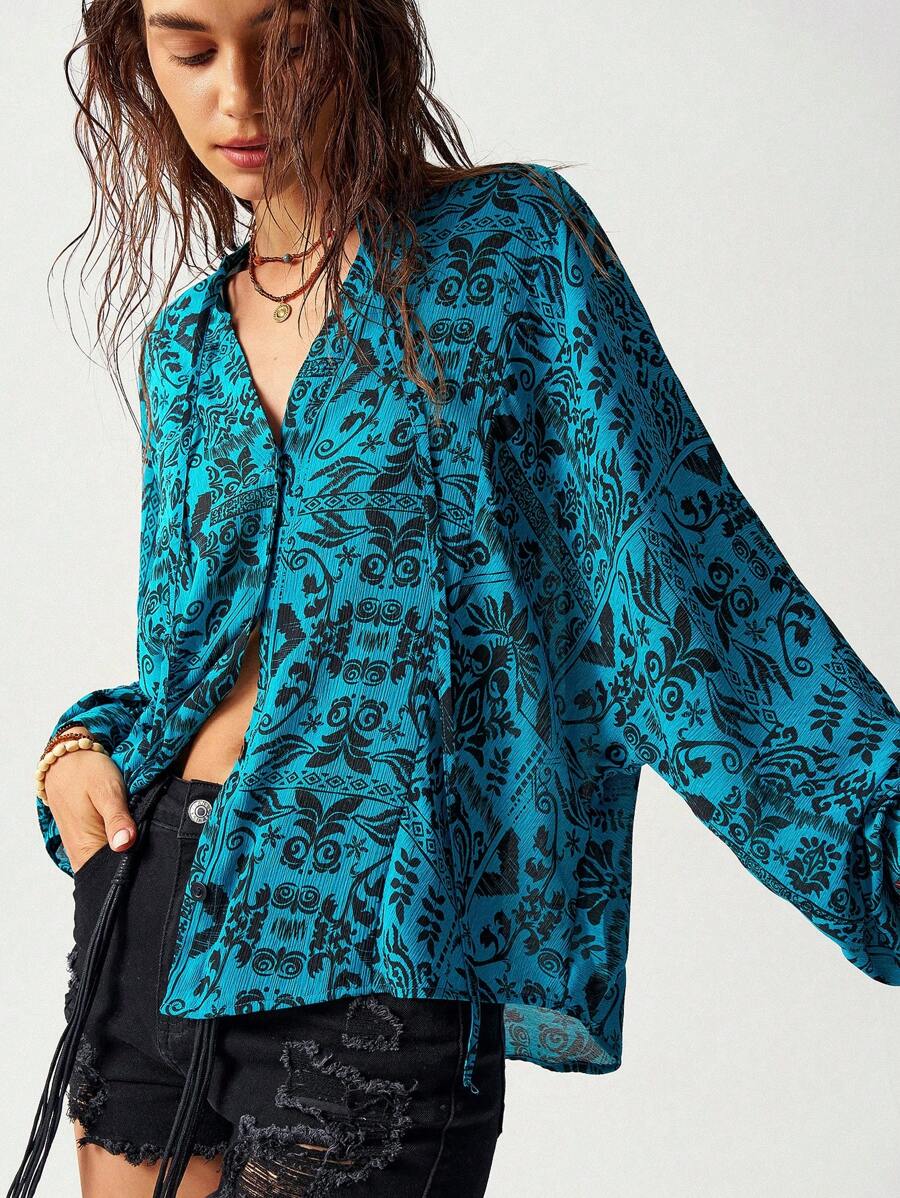 Bohemela Vacation Blue Retro Printed Loose Fit Women's Long Sleeve Shirt, Fall