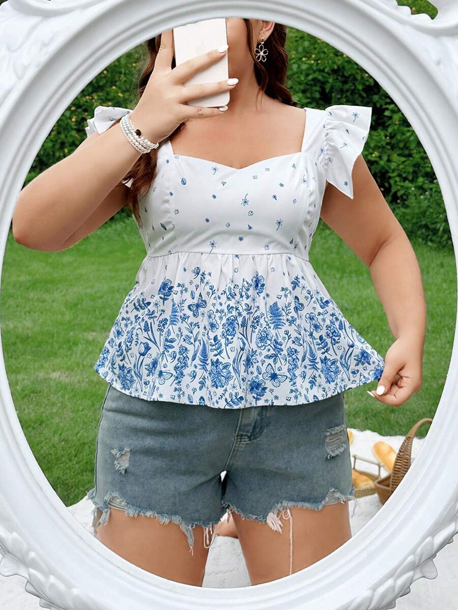 Dreamara Blouse à manches évasées avec imprimé floral romantique, décolleté en cœur, pour femmes grande taille. Tenue de rentrée scolaire