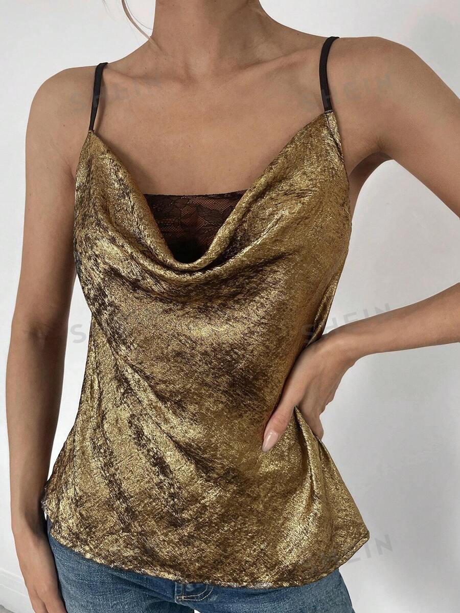 SHEIN Essnce Top de tirantes de cuello con escote drapeado de textura metálica y parche de encaje para mujeres, primavera/verano