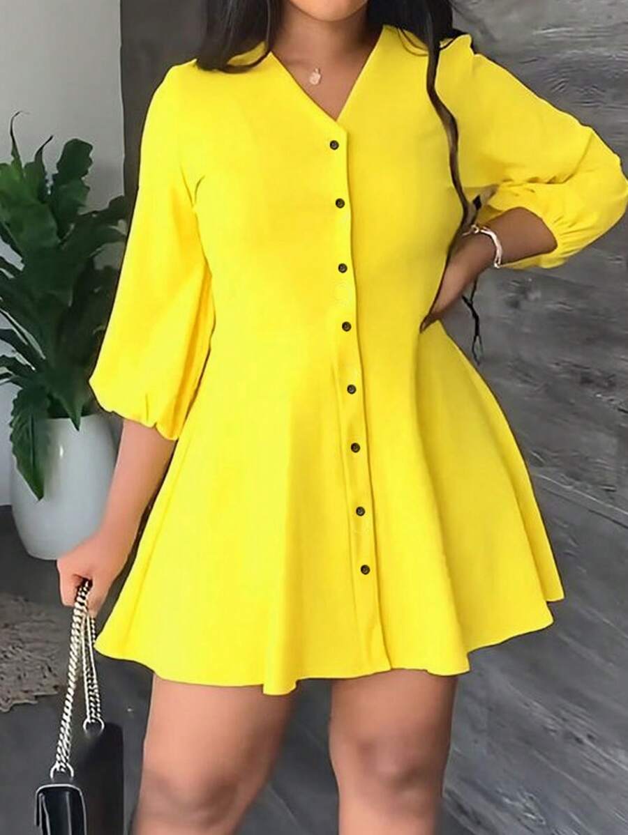 Slaydiva ROBE MINI SLIM A-LINE ÉLÉGANT ET DÉCONTRACTÉ POUR LES VACANCES EN JAUNE unicolore, STYLE CHEMISE AVEC PLASTRON OUVERT POUR FEMMES grande taille, PRINTEMPS/ÉTÉ -E