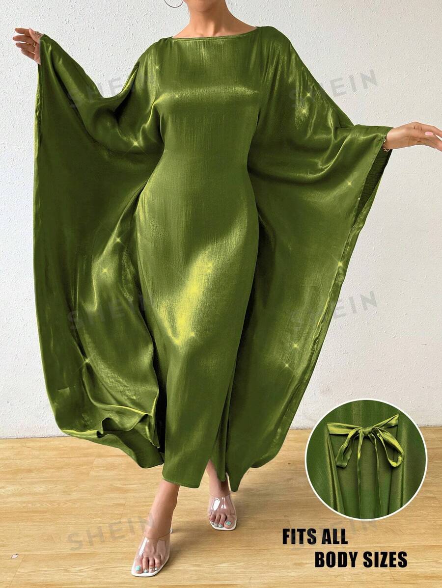 Calvaya Vestido de mujer con cuello redondo, mangas de murciélago, unicolor, estilo holgado y casual, conjunto con vestido largo para ocasiones festivas