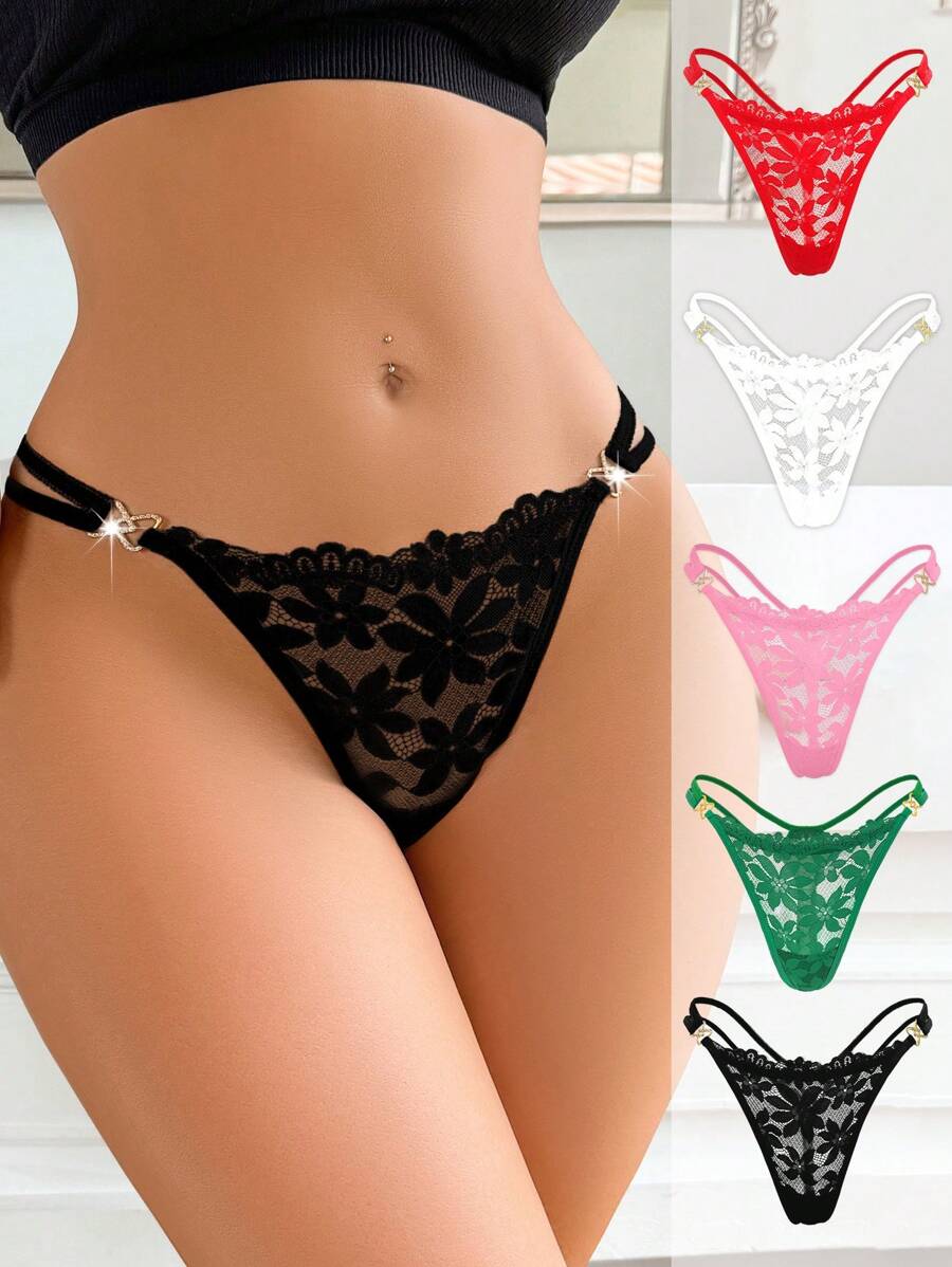 5pcs Romantic & Comfortable Lace Women's G-String Sexy Lingerie Set