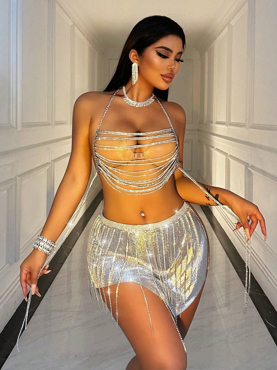 VaVaBold Women's Rhinestone Chain Decorated Skirt For Casual Vacations