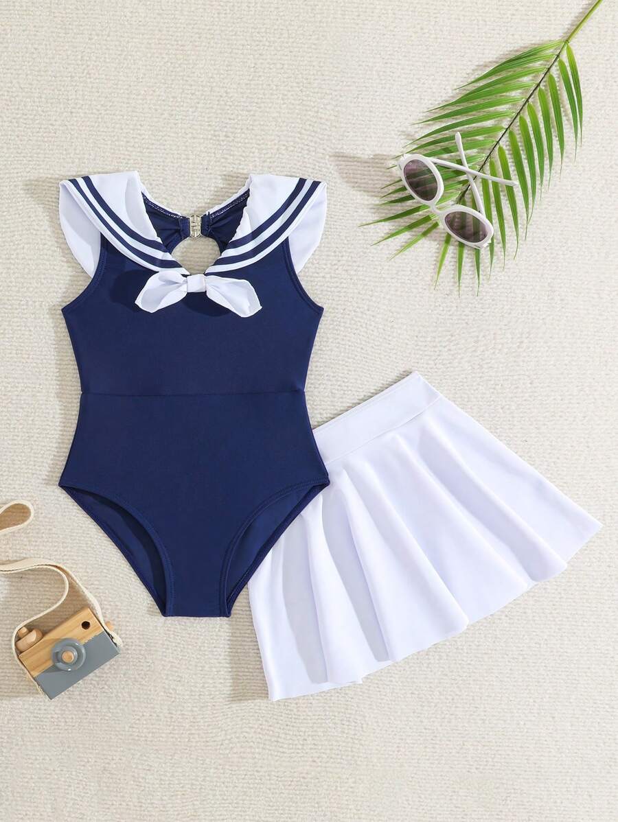2pcs Navy Style Swimsuit Set, Young Girl One-Piece Swimsuit With Skirt, Back To School Girls' Swimwear, Cute Navy Style Swimsuit & Beach Outfit