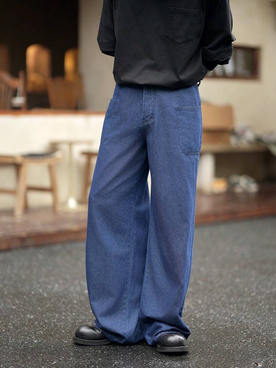 Manfinity Homme Men's Vintage American Casual Dark Blue Indigo Loose Wide Leg Denim Jeans