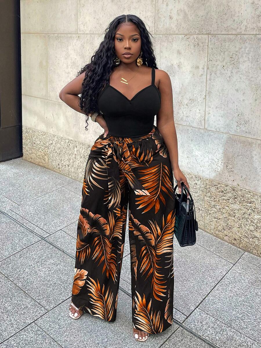 Slaydiva Ensemble 2 Pièces Pour Femmes, Haut Caraco Noir Décontracté À Haute Élasticité Et Pantalon Ample Imprimé À Jambes Larges - Z