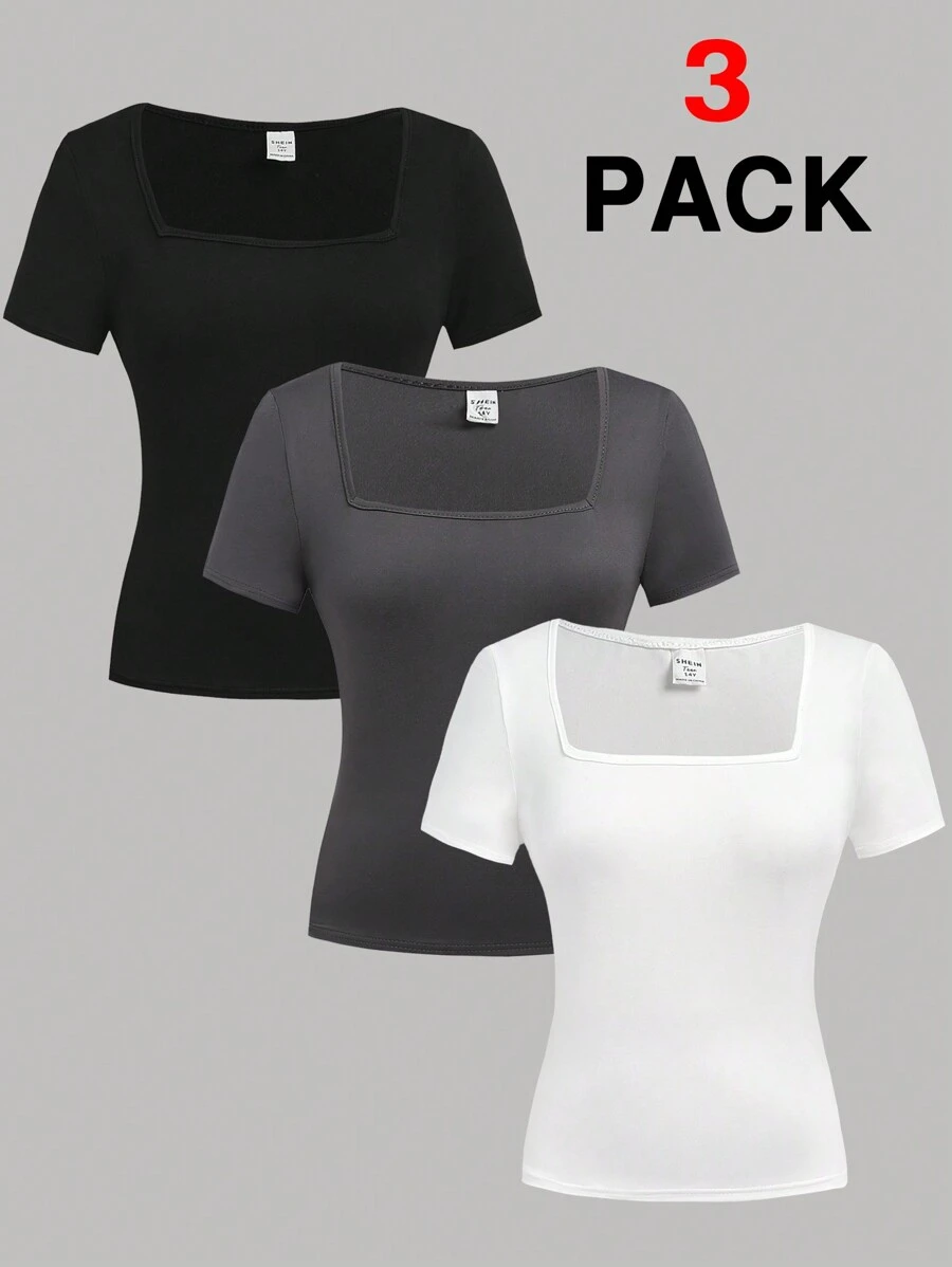 SHEIN Girlism Conjunto de camiseta de gola redonda para meninas adolescentes, 3 peças, preto/branco/cinza, de malha, perfeito para camadas