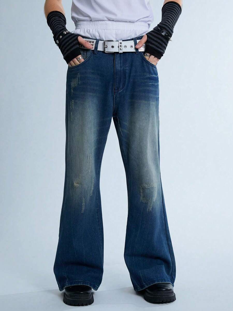 Manfinity Denimwave Y2K Retro Street Style Men's Dark Blue Washed Vintage Denim Dirty Pants With Flares And Worn-Out Look