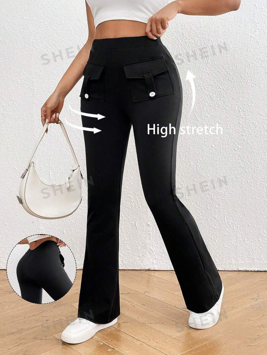 SHEIN Essnce Leggings para mujer con piernas acampanadas con bolsillos y espalda en forma de V, que absorben la humedad y se secan rápidamente