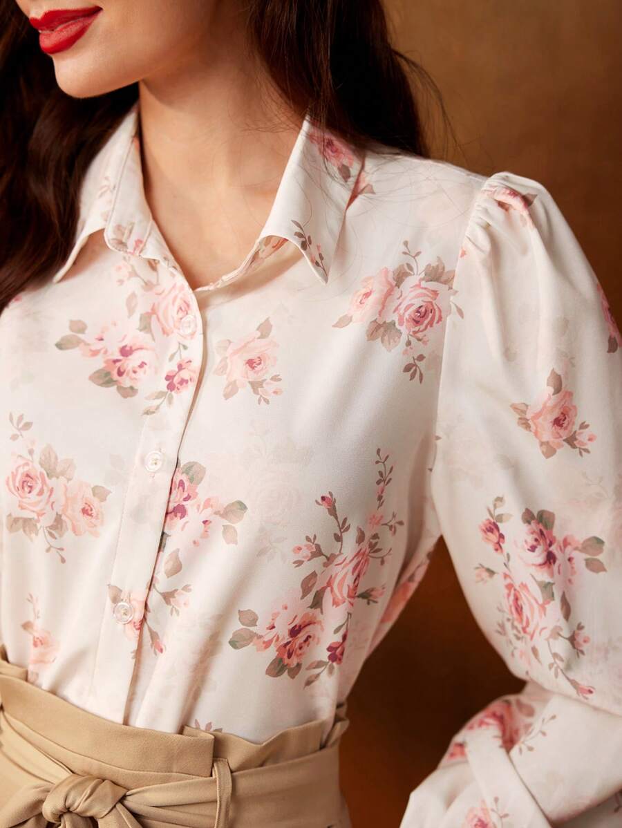 Vintamour Vintage Elegant Women's Rose Floral Printed Long Sleeve Shirt, Woven Collar, Apricot Color For Casual, Work And Vacation Back To School Women Shirts Women Tops Fall Tops Fall Women Outfits Back To School Clothes Fall Outfits Fall Shirts Long Sleeve Women Shirts Long Sleeves Woman Office Wear Fall Clothes Collared Women Shirt Beige Shirt Fall Women Shirts Pink Shirt