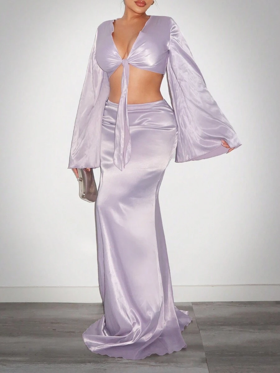 SHEIN SXY Ensemble Robe Invitée de Mariage Femme Chemise à Manches Longues en Satin Nouée et Jupe Longue Élégante