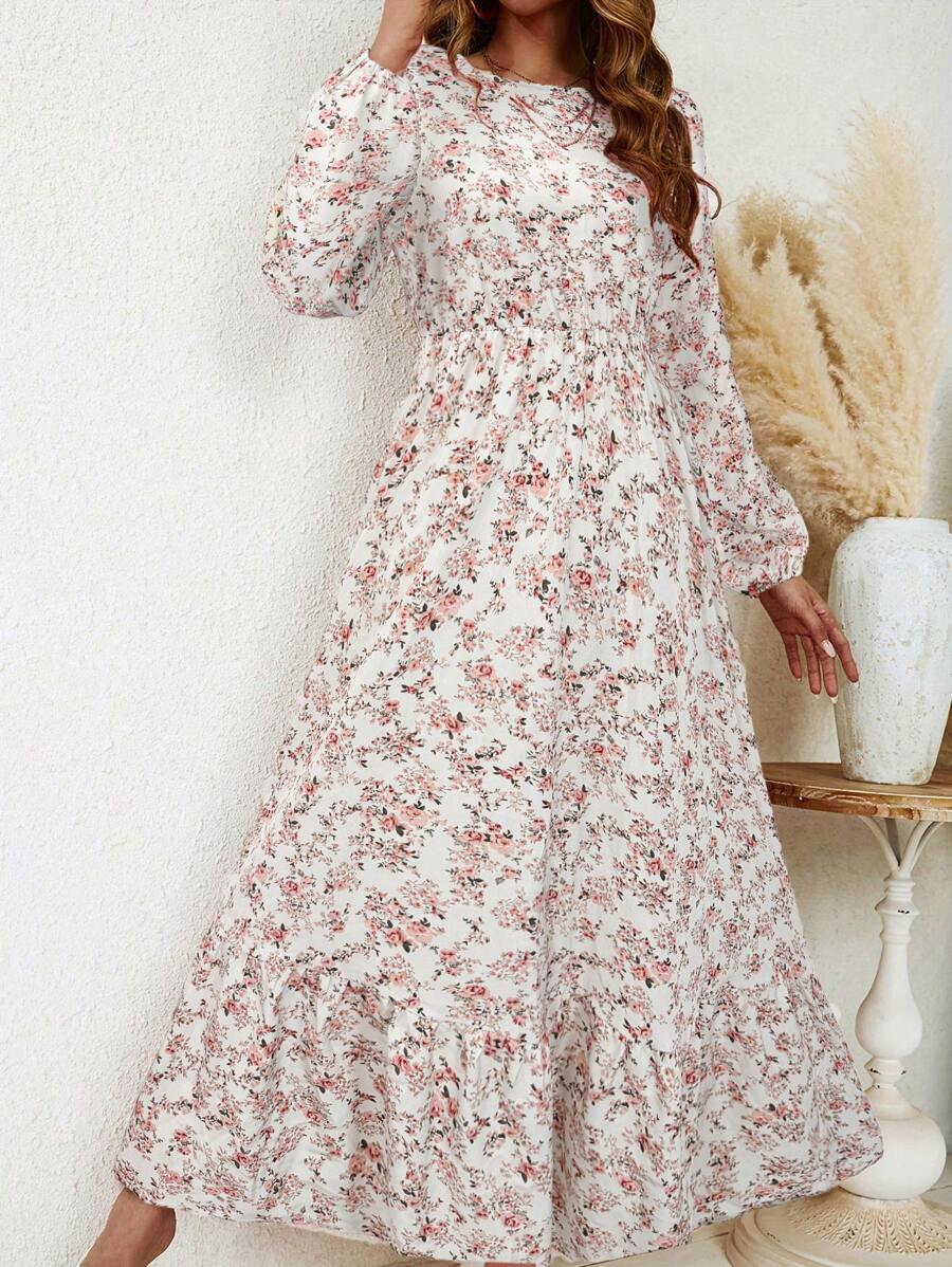 SHEIN Clasi Women's Round Neck Ditsy Floral Long Sleeve Holiday Dress Maxi Women Outfit