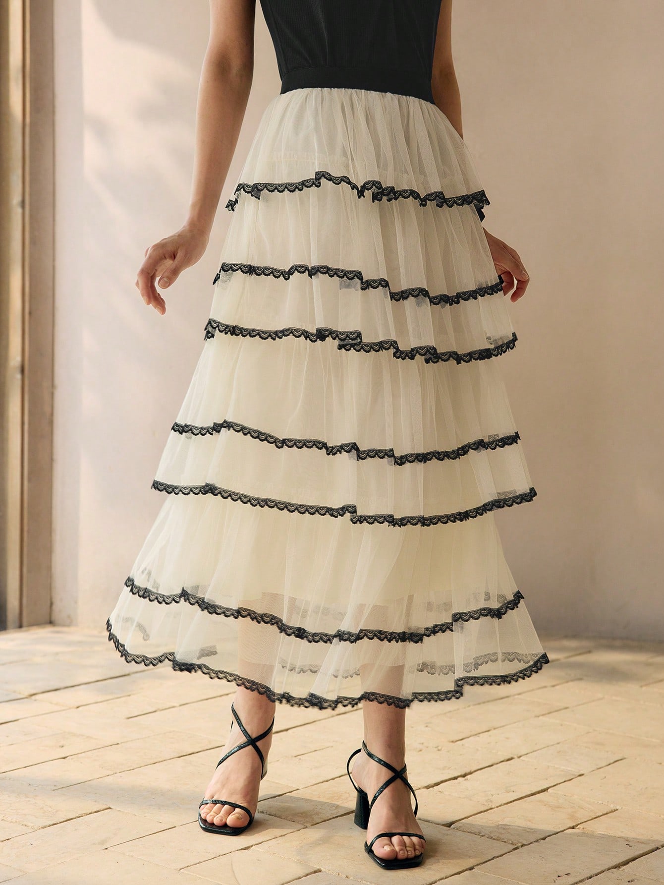 【FLAREUP】25SS★ Layered Dot Ruffle Skirt THLAI Women Polka Dot Maxi Skirt Ruffle Layered Long Skirt