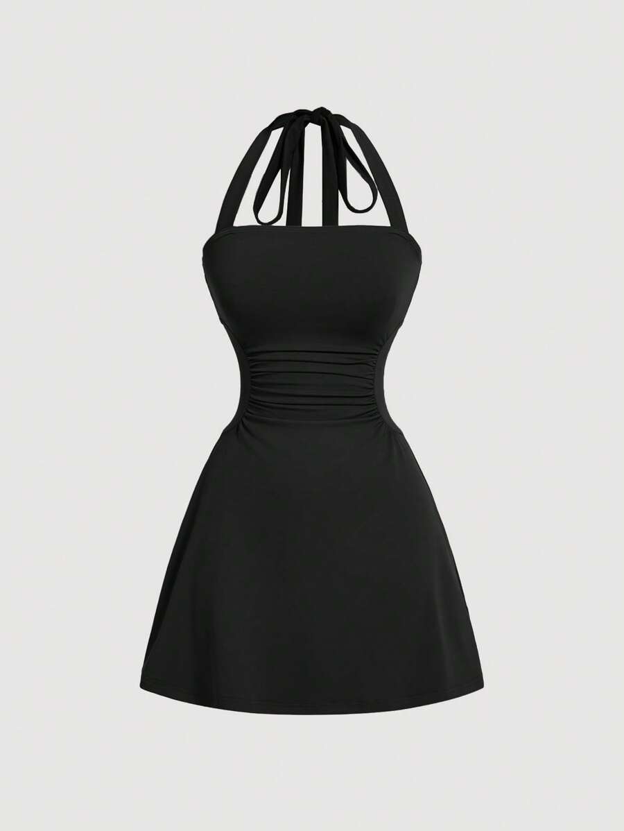 SHEIN MOD Plus Size Grey V-Neck Pleated Waist A-Line Mini Dress,Graduation Dress,Birthday Dresses For Women