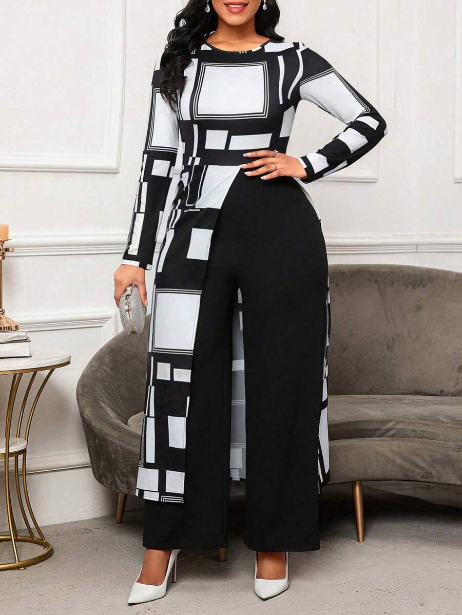 SHEIN Lady Plus Size Black And White Geometric Printed Long Sleeve Jumpsuit With Asymmetrical Hemline Fall Outfits