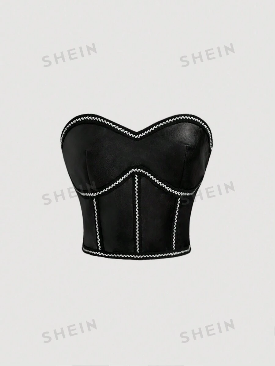 SHEIN MOD Parte superior recortada con cintura negra y tiras sin tirantes, parte superior Y2K, ropa de otoño, ropa retro de mujer, top tubo negro