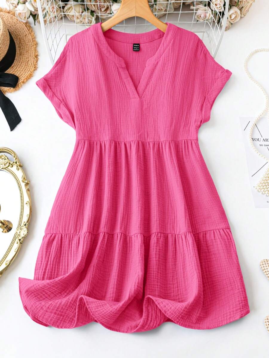 SHEIN LUNE Women's Summer Casual Solid Color V-Neckline Batwing Sleeve Dress