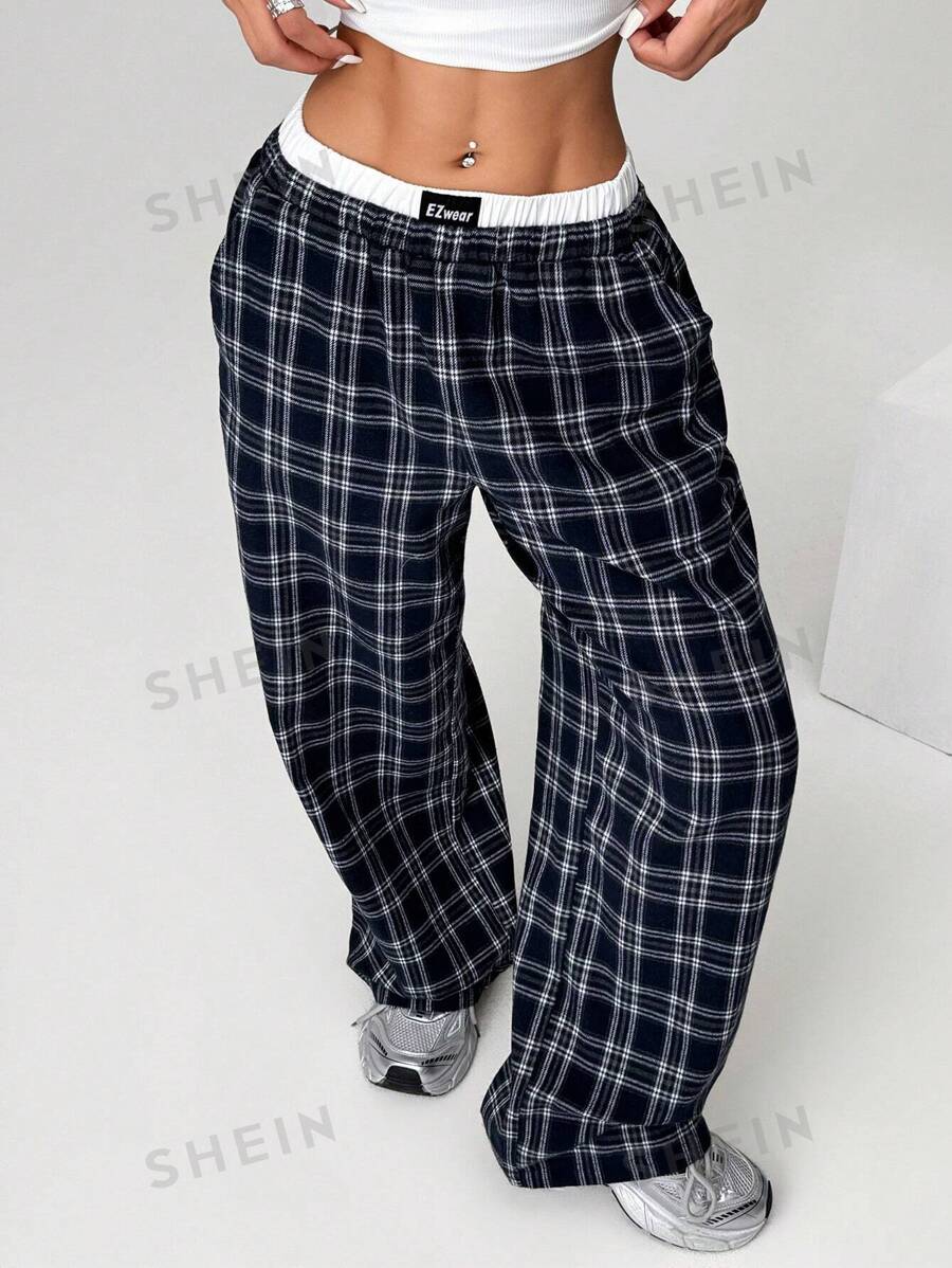 SHEIN EZwear Pantalones anchos y sueltos de mujer talla grande con bloqueo de color en la cintura y estampado a cuadros