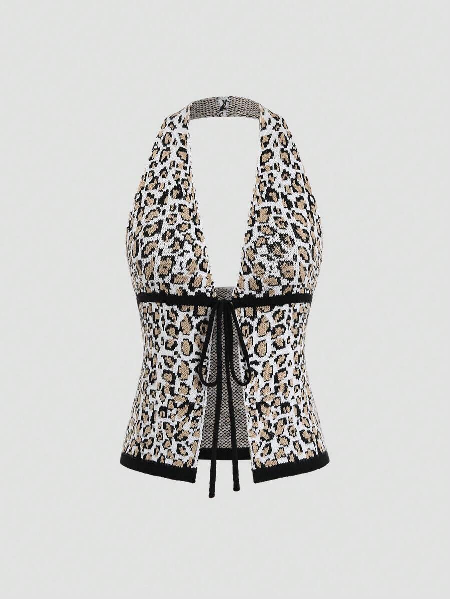 Flirla Women's Fashionable Leopard Printed Knit Halter Top With Open Back Design, Spring/Summer