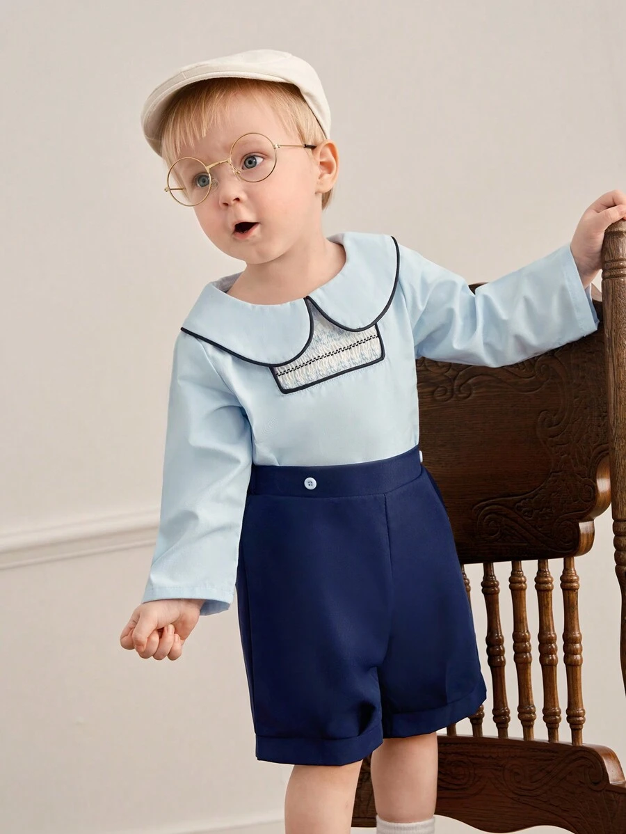 SHEIN Baby Boys' Button-Front Shirt And Shorts Set
