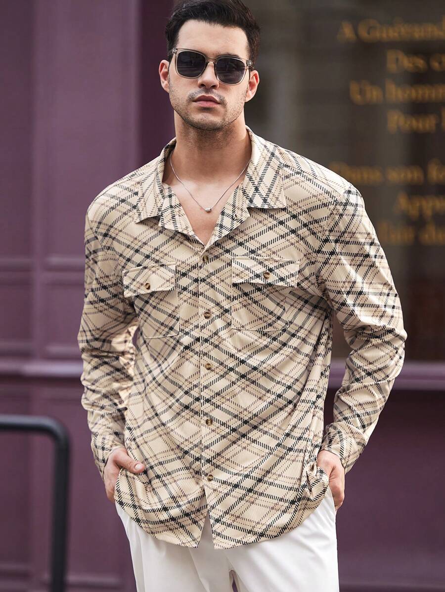 Manfinity VCAY Men's Knitted Loose Plaid Shacket With Drop Shoulder And Lapel, Suitable For Spring And Autumn Seasons