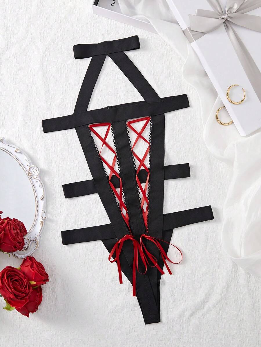 Exotic-Bondage Body Teddy con cuello halter y parte delantera con cordones