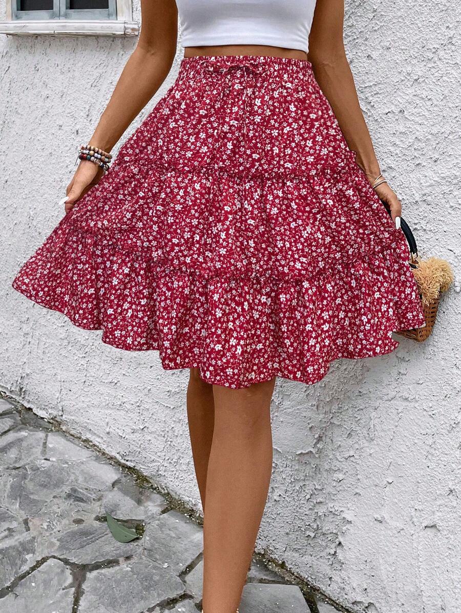 SHEIN LUNE Women's Fresh Ditsy Floral Ruffle Hem Skirt (Random Print) For New Year Clothes