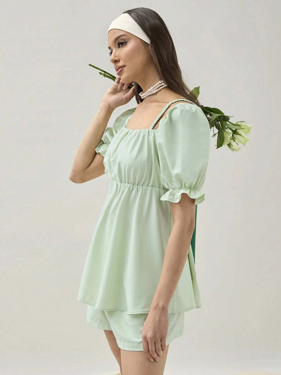 COSMINA Women's Solid Color Puff Sleeve Casual Summer Shirt