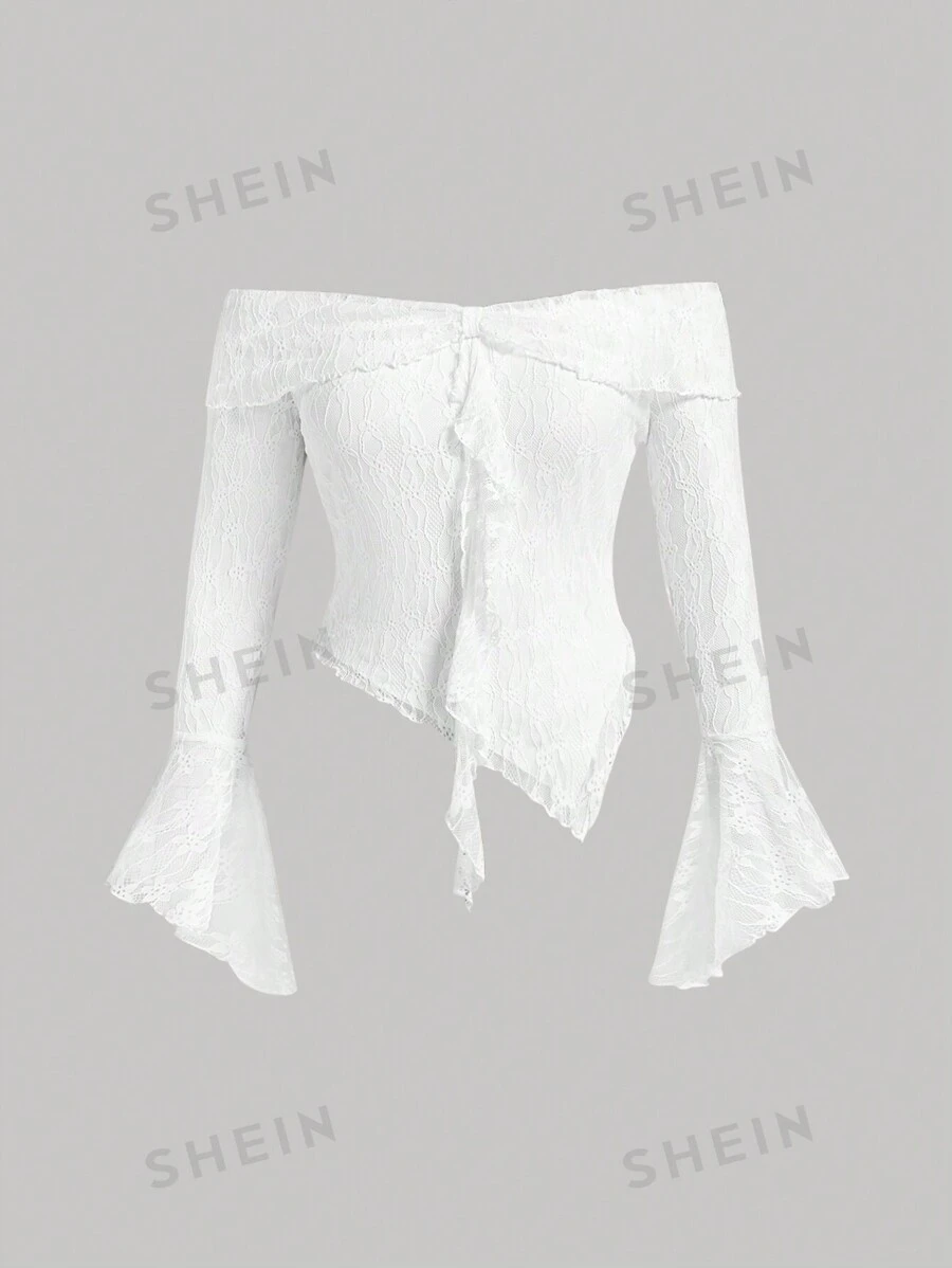 SHEIN MOD Talla grande Top de encaje con hombros descubiertos, mangas acampanadas con ribete de volantes y dobladillo asimétrico