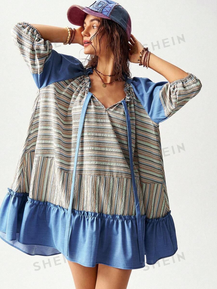 Bohemela Vestido de vacaciones de diseño de parche con rayas para mujer