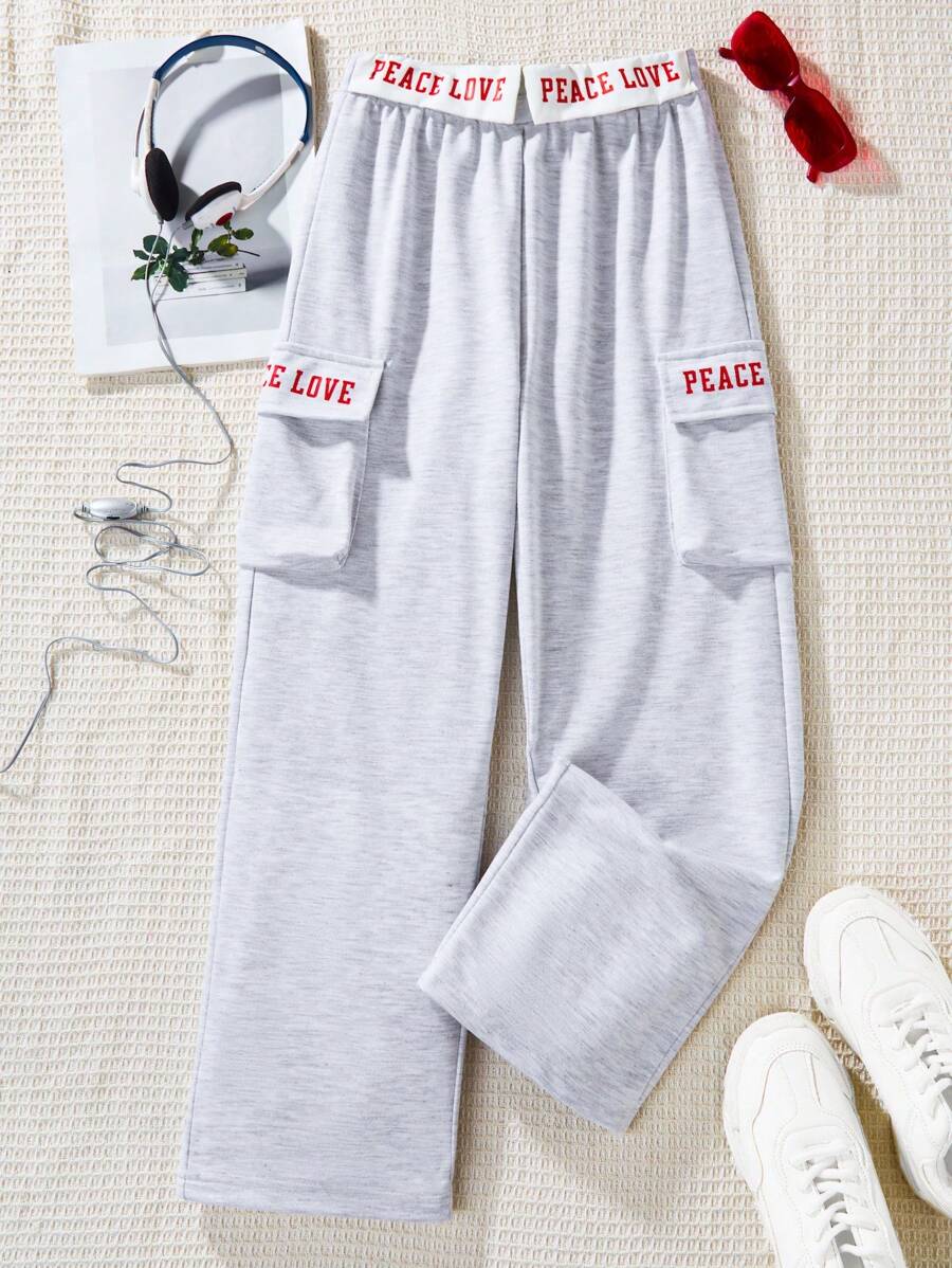 Pantalones casuales para niña preadolescente con letras impresas y bolsillos