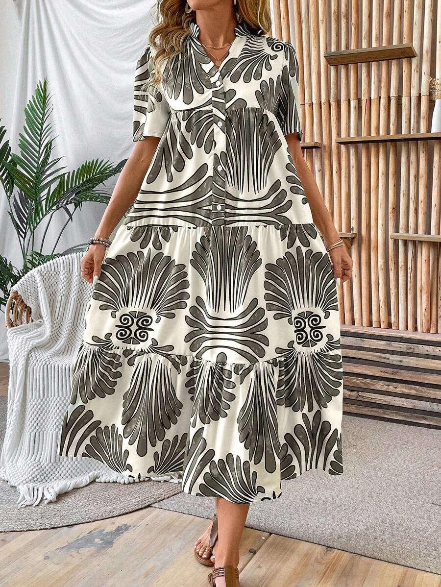 Breezaya Allover Print Ruffle Hem Smock Dress