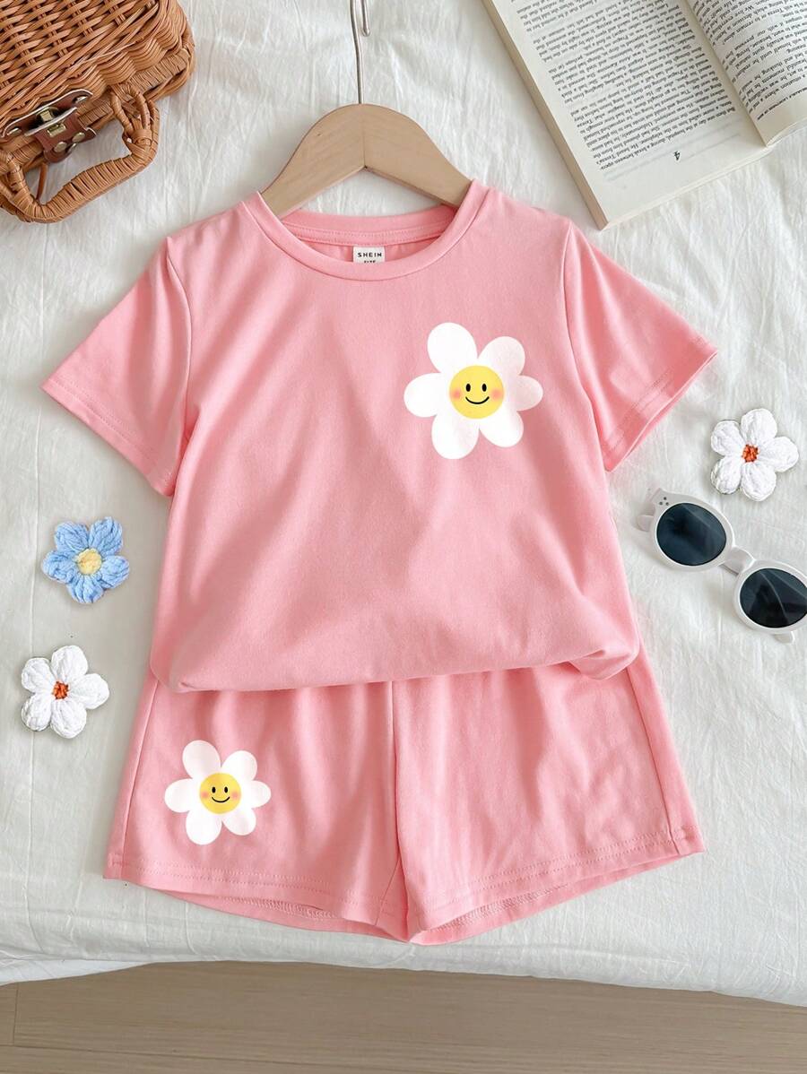 SHEIN Young Girl Cute Girl, Casual Face & Flower Printed Short Sleeve T-Shirt And Shorts 2pcs Set, Suitable For Summer Girls Short Setsbaby Summer Set