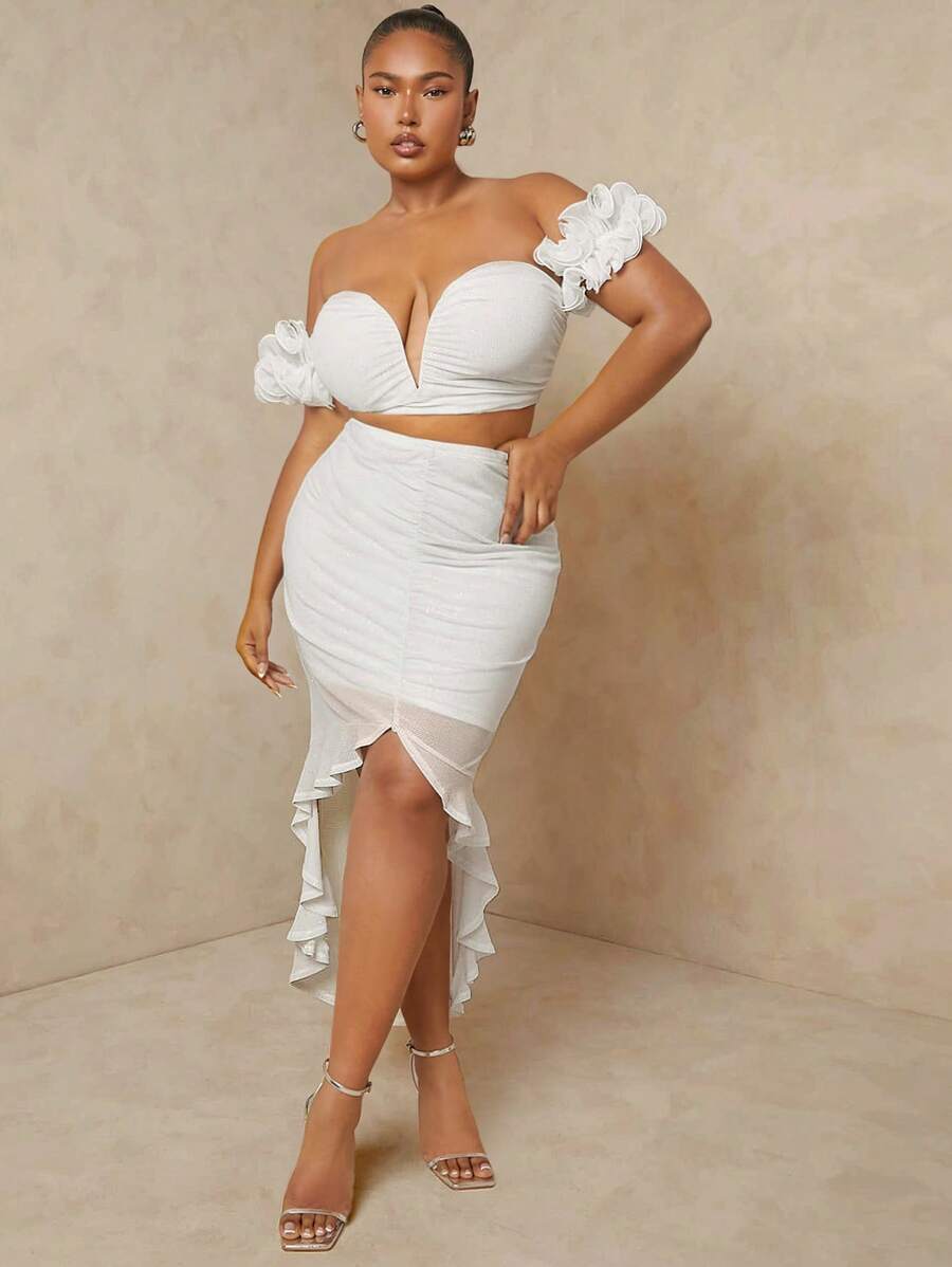 SHEIN Unity Damski top plus size z plisowanym paskiem na ramię, głębokim dekoltem w kształcie litery V i spódnicą z falbanką Elegancki dwuczęściowy komplet