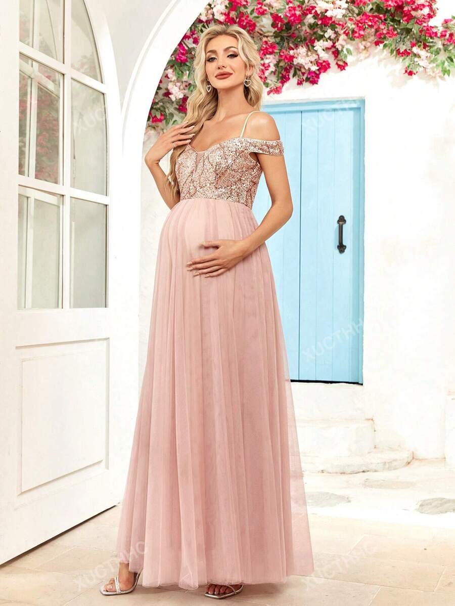 Maternity Cold Shoulder Sequin Contrast Mesh Formal Party Photoshoot Dress