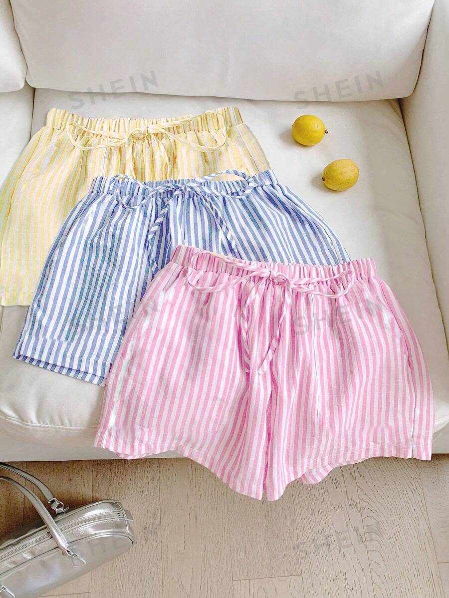 Comfortcana Set de 3 piezas de shorts de vacaciones a rayas coloridas para mujeres