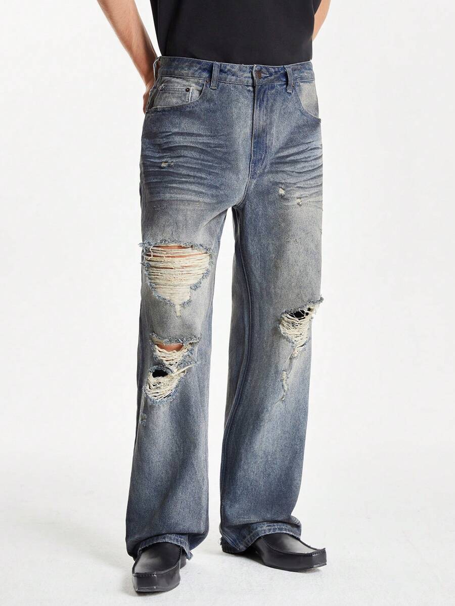 NEON BLANC Men's Cotton Distressed Loose Straight-Leg Spray-Painted Jeans